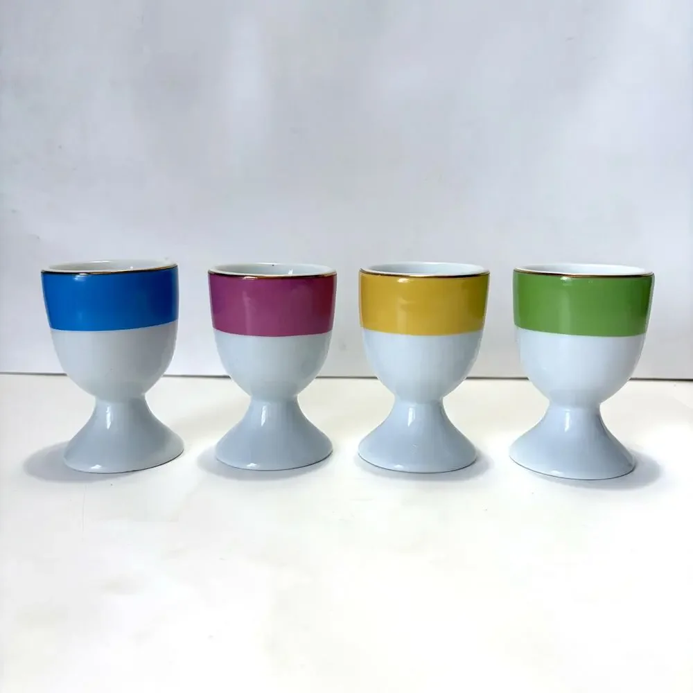 Pottery Barn Egg Cup Set 4 Gold Trim Color Block Porcelain